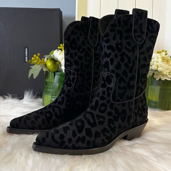 NEW Dolce & Gabbana Midi Cowboy Gaucho Leopard Short Western B… Black Metalli…